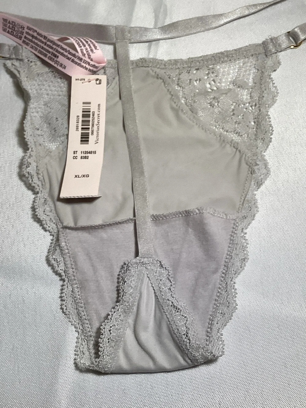 Victoria's Secret Lace-Trim Thong Panty - Light Gray with Pink Accent